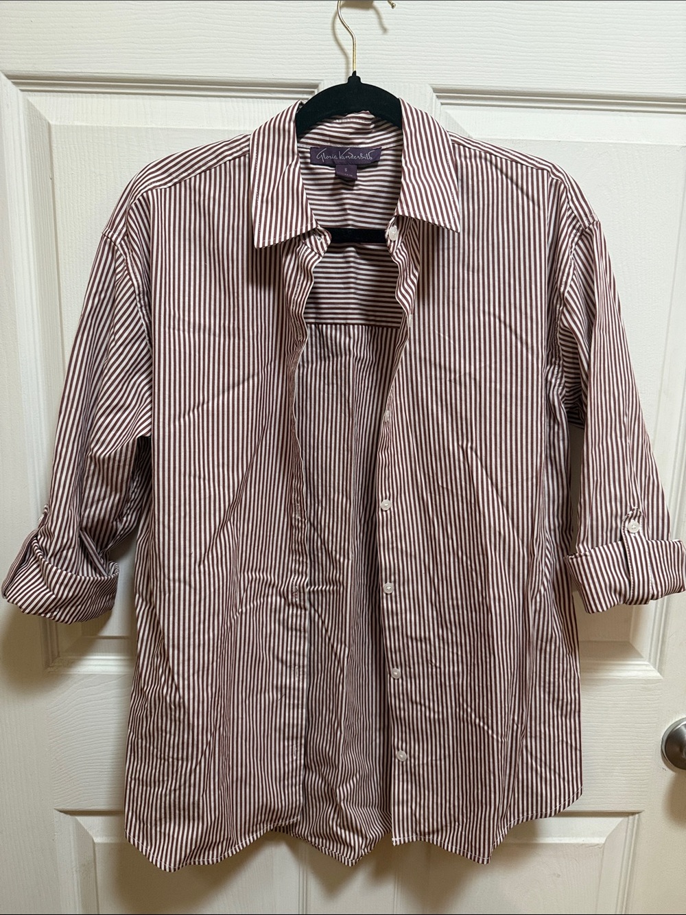 Gloria Vanderbilt Burgundy and White Striped Button-Down Shirt